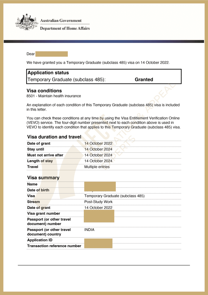Grant notice for a 485 Temporary Graduate Visa approved after a successful AAT appeal overturning the initial refusal.