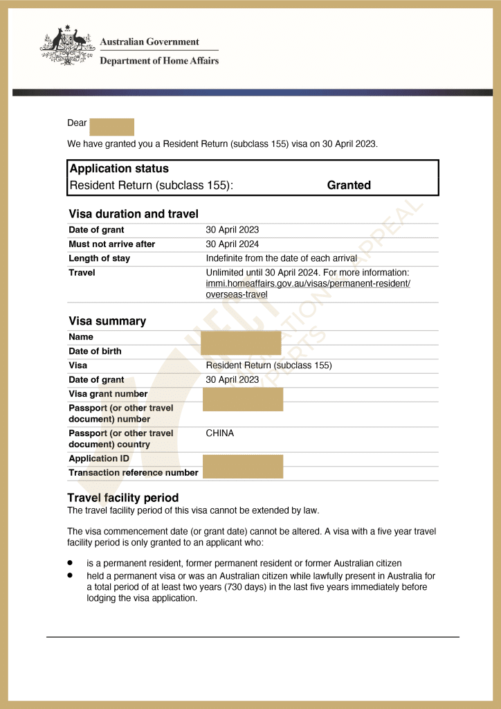 Australian 155 Resident Return Visa grant letter for family regaining permanent residency after 3+ years of PR expiry.