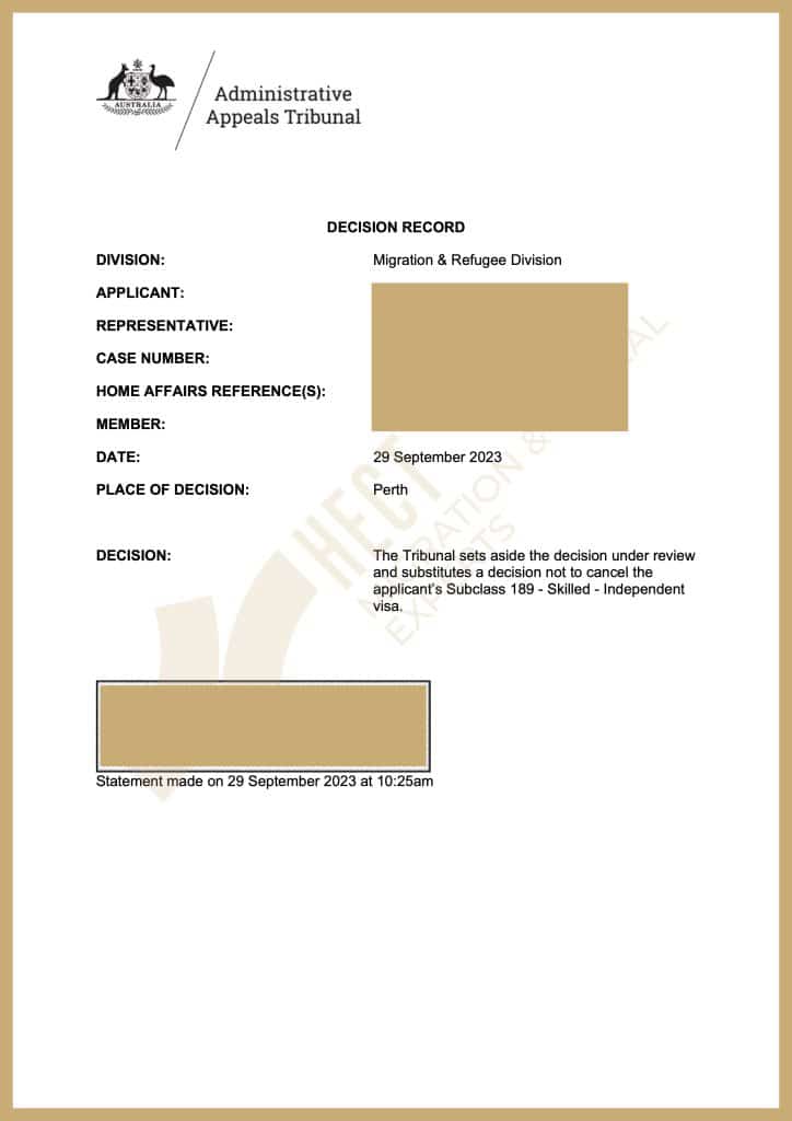 AAT (now ART) decision document overturning 189 visa cancellation due to relationship fraud allegations.