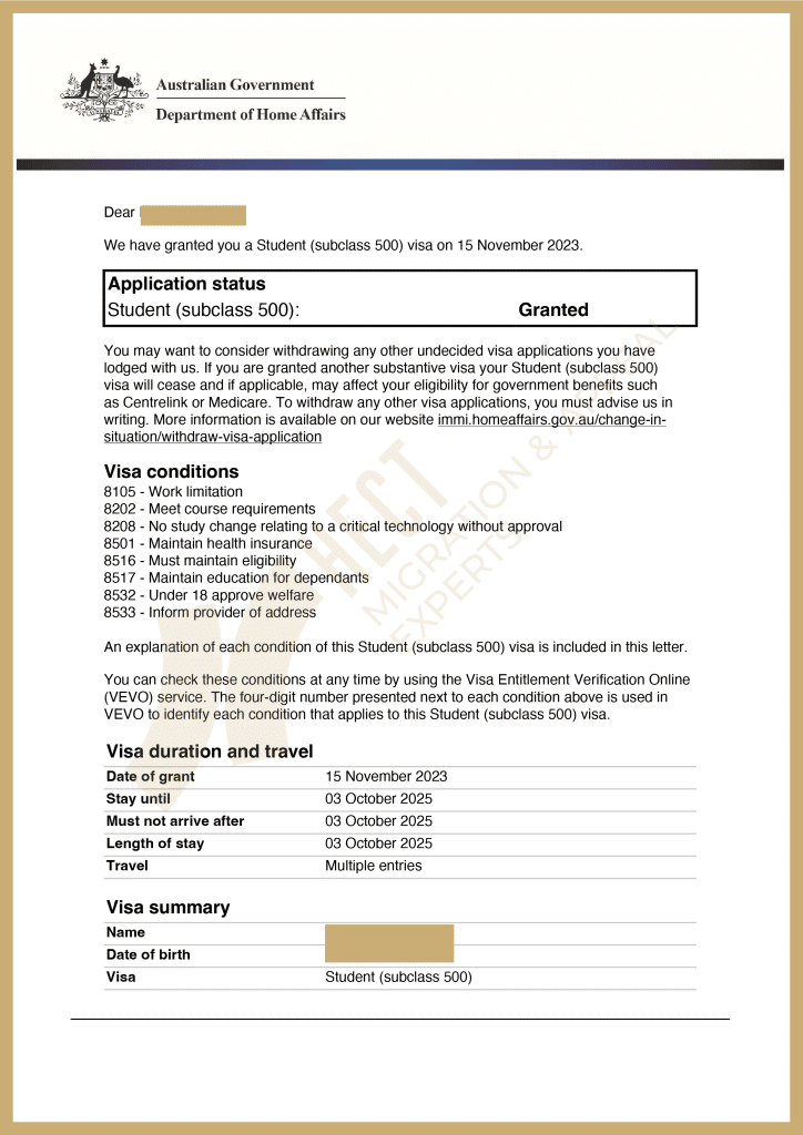 Australian 500 Student Visa grant letter for transition from Master's degree to cookery program during high-risk period.