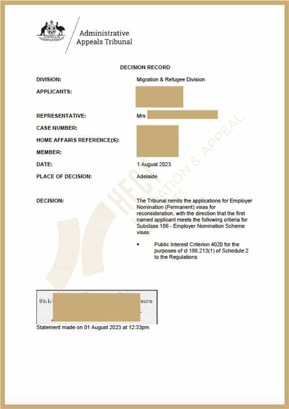 Grant notice for a 186 visa approved after a successful ART appeal overturned a prior refusal based on false document claims.