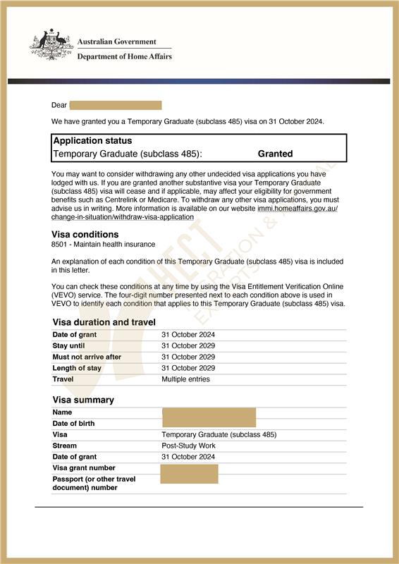 Grant notice for a Subclass 485 Visa, successfully approved after a previous DIY refusal, secured for a Curtin University graduate.