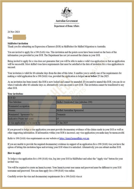 Approval letter for Tasmanian Subclass 190 nomination following a successful reconsideration request.